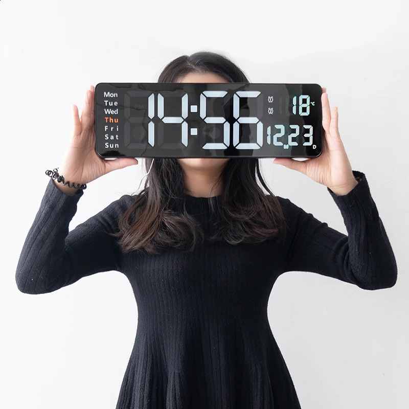 Large Digital Wall Clock Temp Date Week Display Remote Control Power Off Memory Table Clock Wall-mounted Dual Alarms LED Clocks 240822