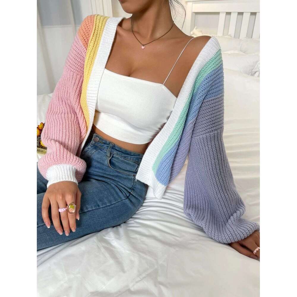 Dopamine splicing color blocking design exudes a stylish and fashionable vibe. Knitted cardigan womens lazy style long sleeved top sweater