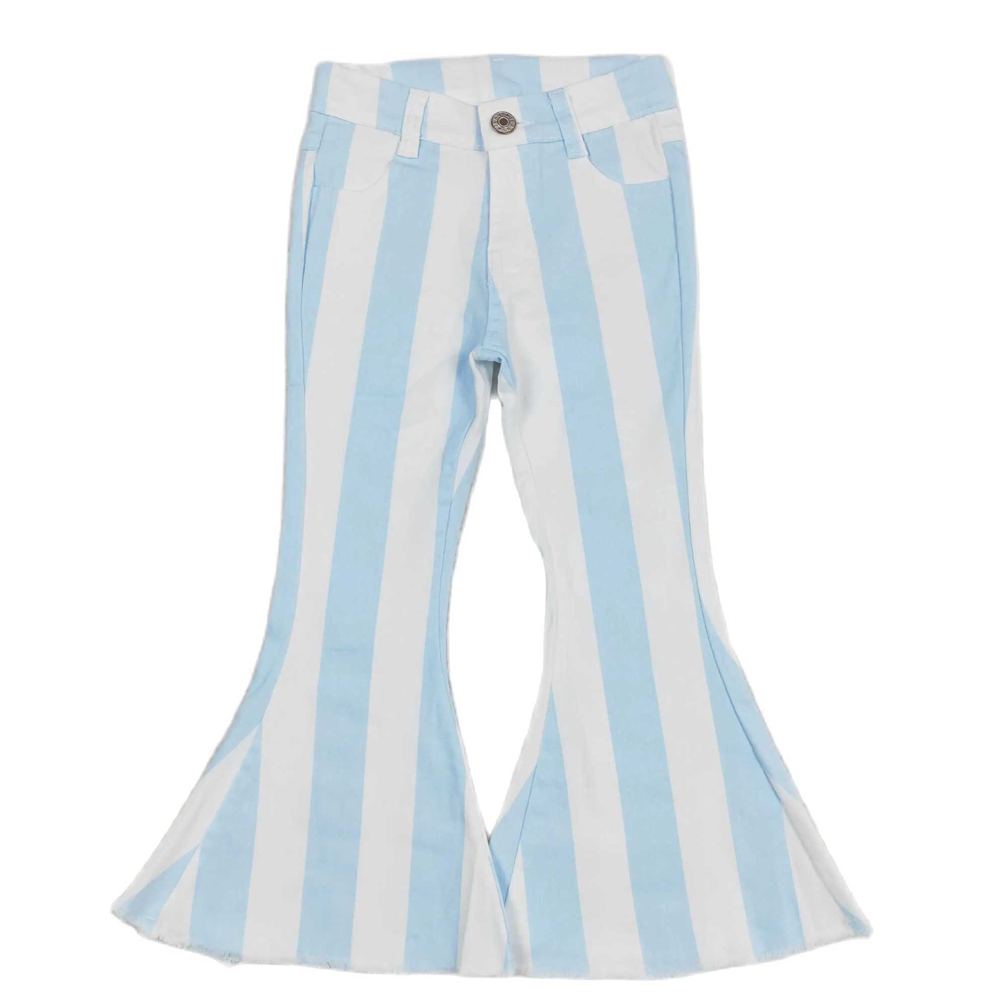 Wholesale Baby Girl Zipper Denim Trousers Blue Stripes Kids Jeans Children Toddler Flared Bell Bottom Pocket Resizable Pants Y240801