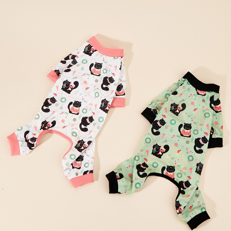 Pet four legged jumpsuit, cartoon print, black cat pet clothing, breathable dog clothing