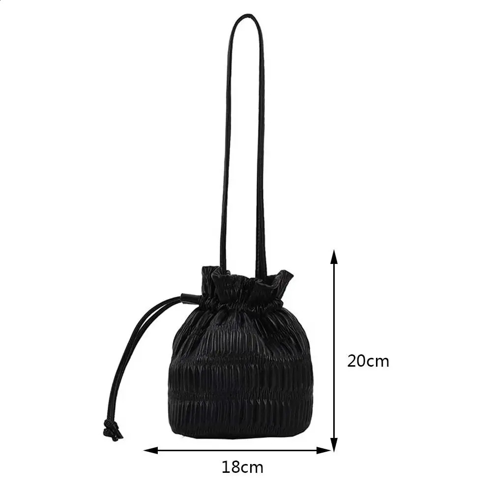Women Messenger Bags PU Leather Bucket Drawstring Hobo Lightweight Pleated Trendy Sweet Crossbody Shopping Bag