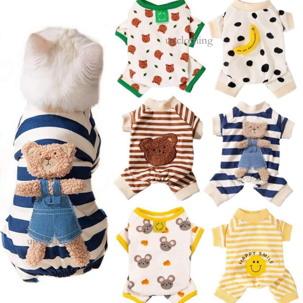 Thin Dog Clothes for Small Dogs Cute Bear Striped Dog Jumpsuit Pet Dog Coat Four Legs Dog Pajamas Kitten Puppy Sweatshirt Autumn