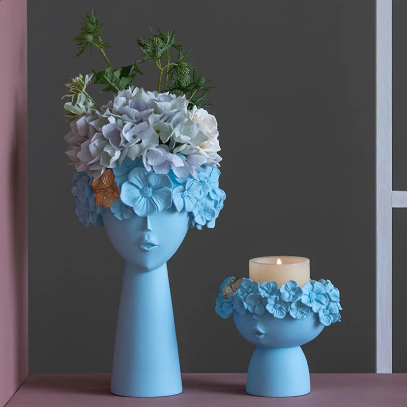 2 pieces of Nordic Mona Lisa human face vase resin character flowerpot set abstract portrait plant flower arrangement home decoration 240731