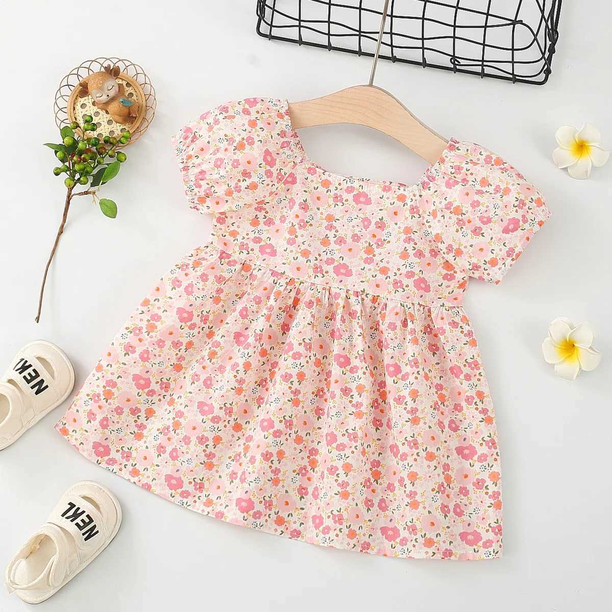 Summer Toddler Baby Dress Pink Flower Princess Dress Puff Sleeves Birthday Dress for Kids Girl X250220
