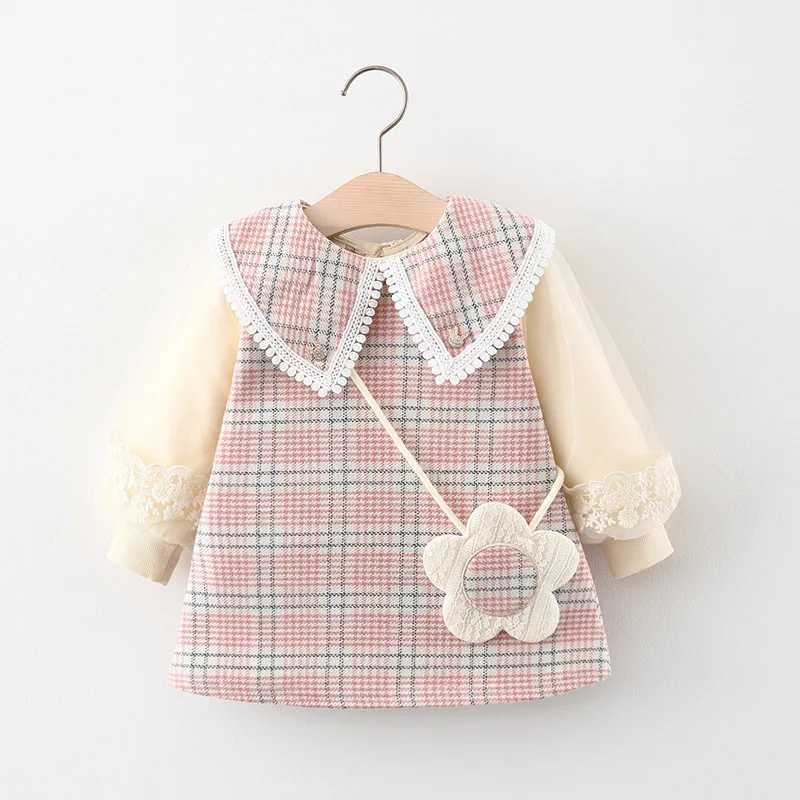 Baby girl dress autumn and winter plain long sleeved lapel girl dress cute casual girl with bag dress X250220