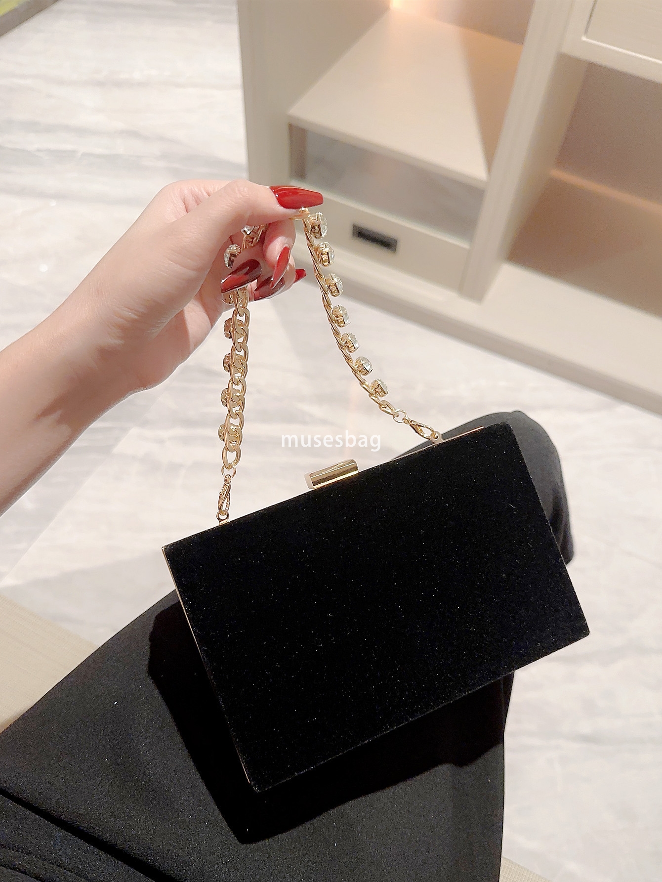 French vintage black velvet bag rhinestone chain handbag Hand handbag Socialite square bag Dinner bag dress bag