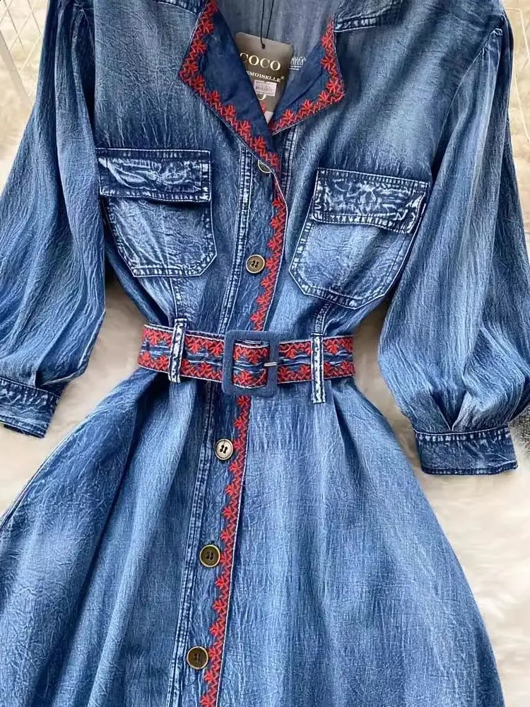 Autumn Fashion Blue Denim 100% Cotton Cowboy Dress Women Notched Three Quarter Sleeve Embroidery Jeans Elegant Long Vestidos 240801