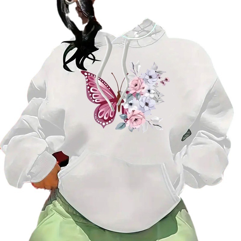 Autumn and Winter New Butterfly Letter Fashion Printed Back Collar with Velvet Hoodie Women's Clothing F8.1#30