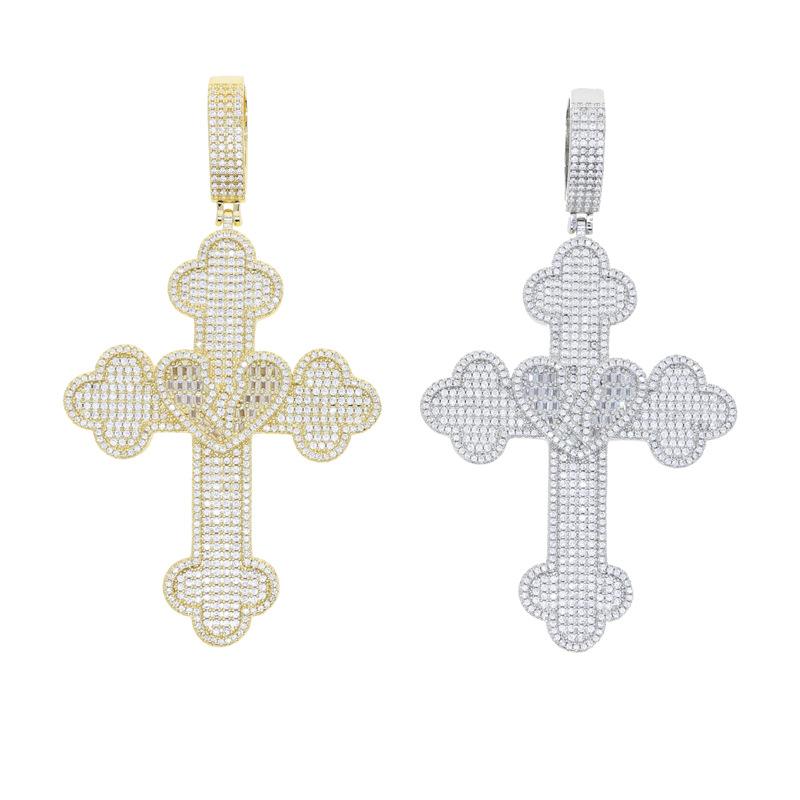 Hip Hop Lover Heart Cross Pendant Necklace 5A Zircon White Gold Plated Religious Jewelry