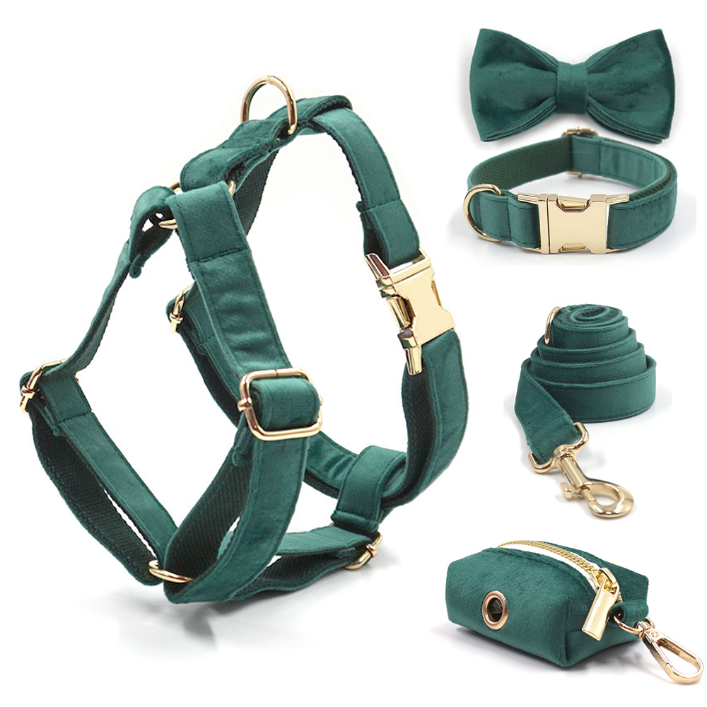 Green Veet Personalized Collars for Dogs Adjustable Pet with Safety Metal Buckles Sailor Bow Puppy Harness Gift Set