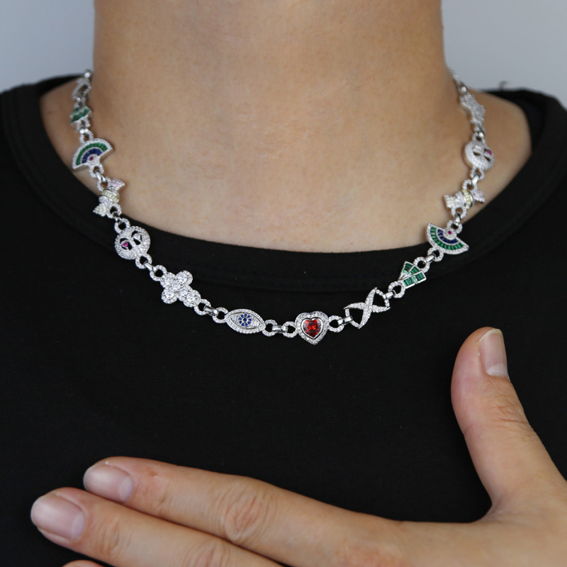 Hip Hop Colorful Charm Eye Cross Heart Cuban Chain Necklace 5A Zircon Rap Jewelry