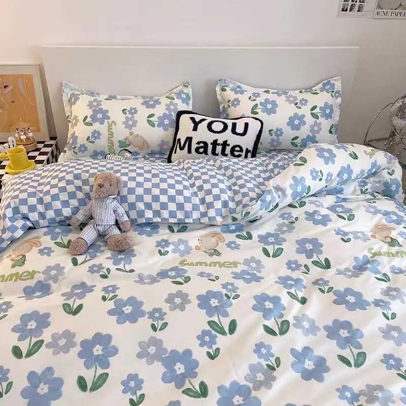 Romantic cherry heart-shaped down duvet cover set flat bed sheet pillowcase fashionable new double full flower summer spring bedding set W240801