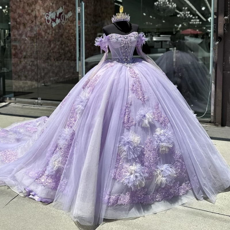 Lavender Quinceanera Dresses Elegant Off The Shoulder Applique Lace Beads Tull Princess Birthday Party Sweet 16 Dress Vestidos 15 De