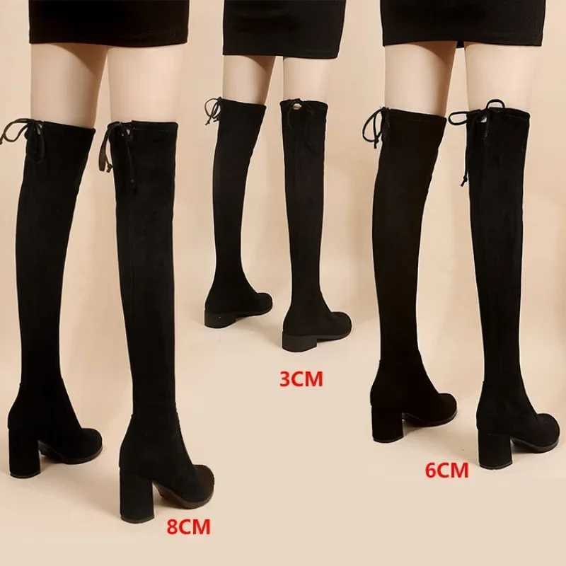 High Quality Artificial suede Fem autumn zipper elastic knee high boots used for lace high Gigh boots black Botas Mujer 20 T241206
