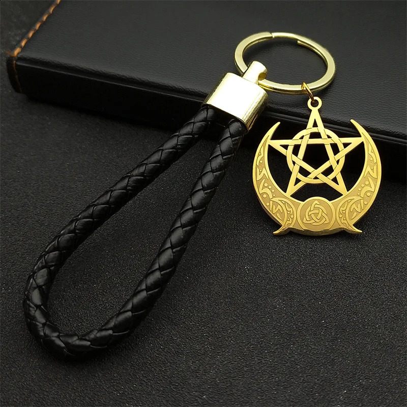 Triple Moon Goddess Witch Knot Stainless Steel Pendant Keychain for Women Men PU Leather Pentagram Star Bag Charm JewelryK26657 240731
