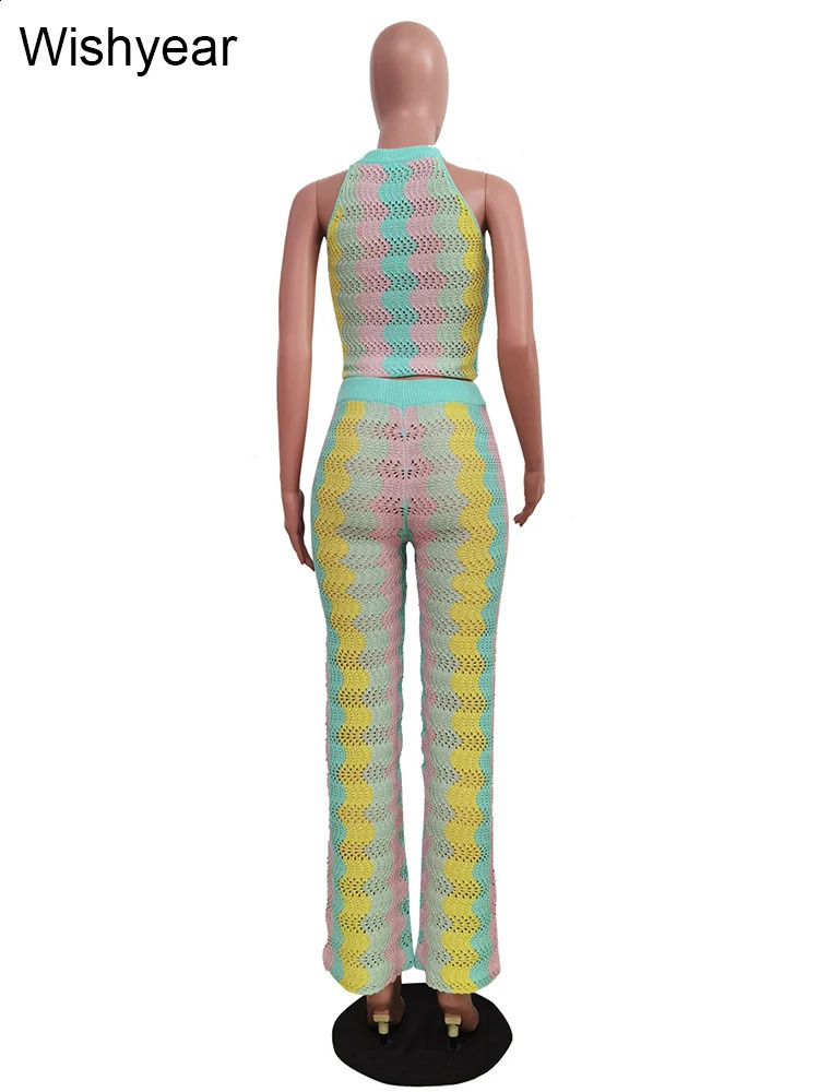 Fashion Rainbow Stripe Knit Ribbed Outfit Women Sleeveless Tank Cargo Top and Flared Pants Two 2 Piece Set Streetwear Tracksuit 240813