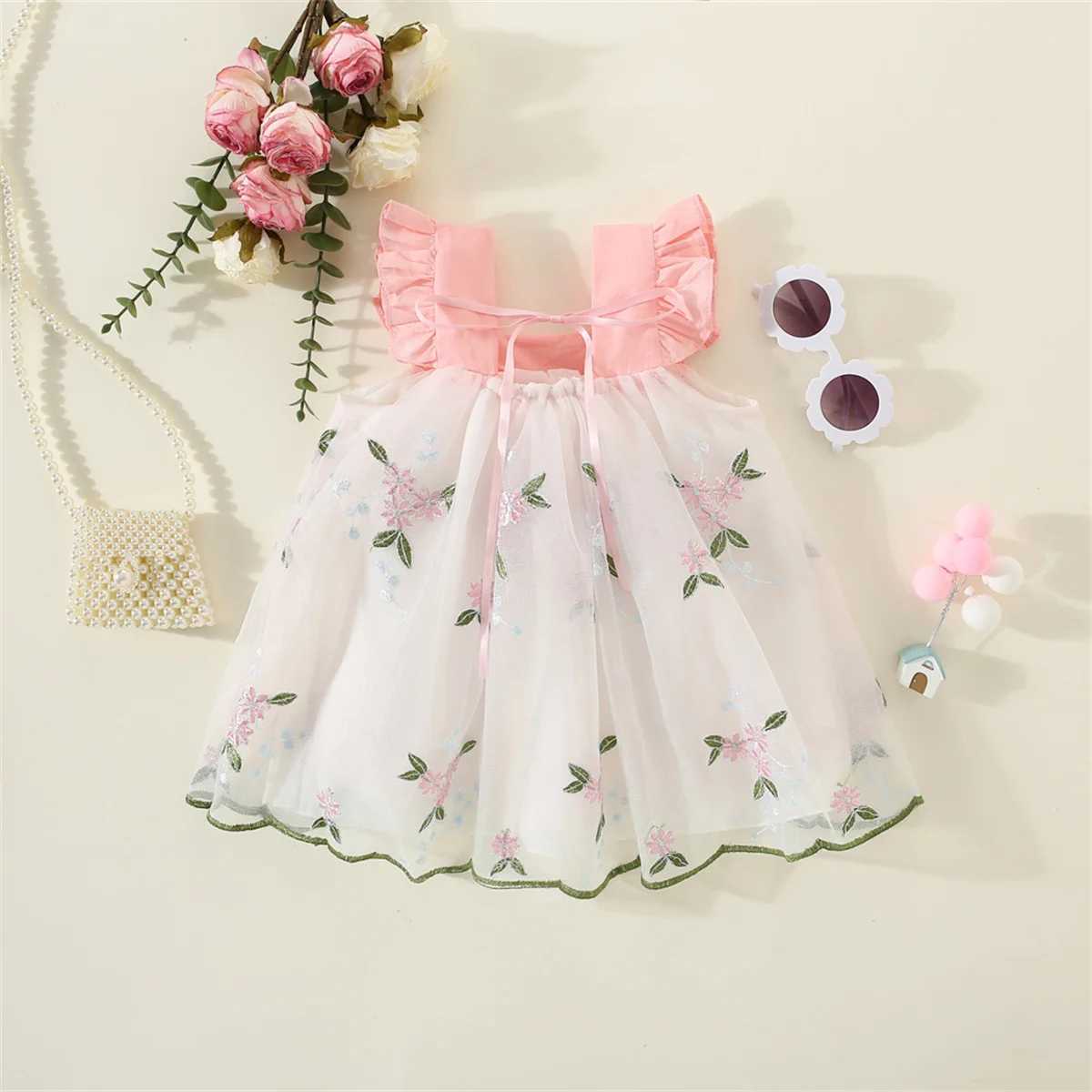 Summer Baby Girls Dress Flower Embroidery Mesh Splice Flying Sleeve Sweet Dress X250220
