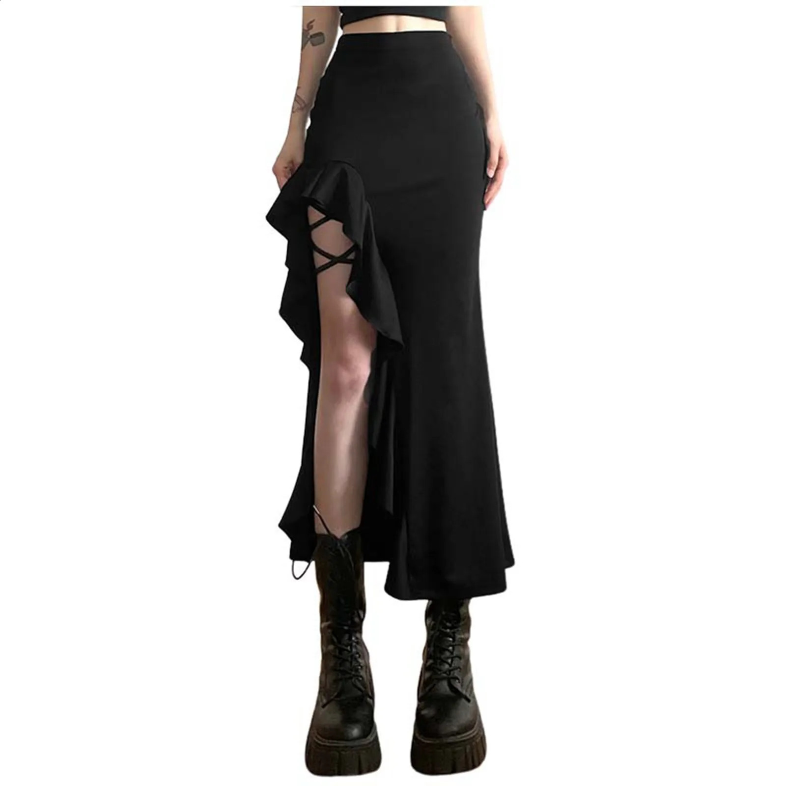 Gothic High Waist Bodycon Skirt Women Punk Ruffles Split Skirts Y2K Streetwear Faldas Mujer Korean Fashion Solid Maxi Skirt 240729