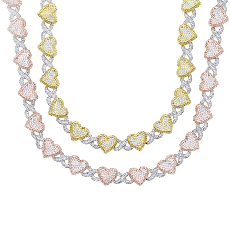 Hip Hop Heart Shape Cuban Chain Necklace Bracelets 5A Zircon Gold Plated Jewelry Bracelet Mens Women Jewelry Gift