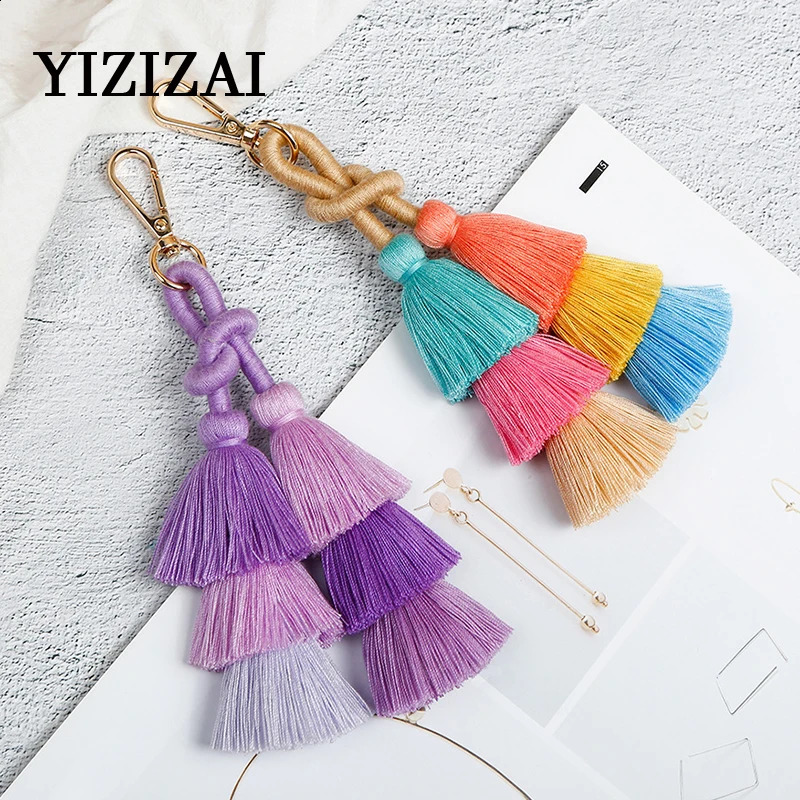 Handmade Braided Winding Tassel Keychain for Women Bag Pendant Car Hangings Colorful Spliced Keyring Christmas Gift Wholesale 240731