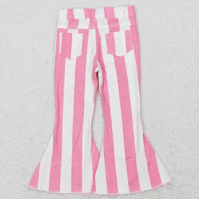 Wholesale Baby Girl Zipper Denim Trousers Blue Stripes Kids Jeans Children Toddler Flared Bell Bottom Pocket Resizable Pants Y240801