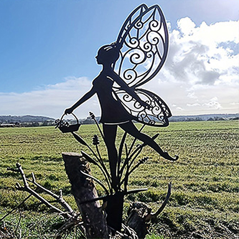 Fairy Garden Elf Metal Carrying Basket Fairy Silhouette Patio Sign For Garden Decor Outdoor Fall Decor Fence Top