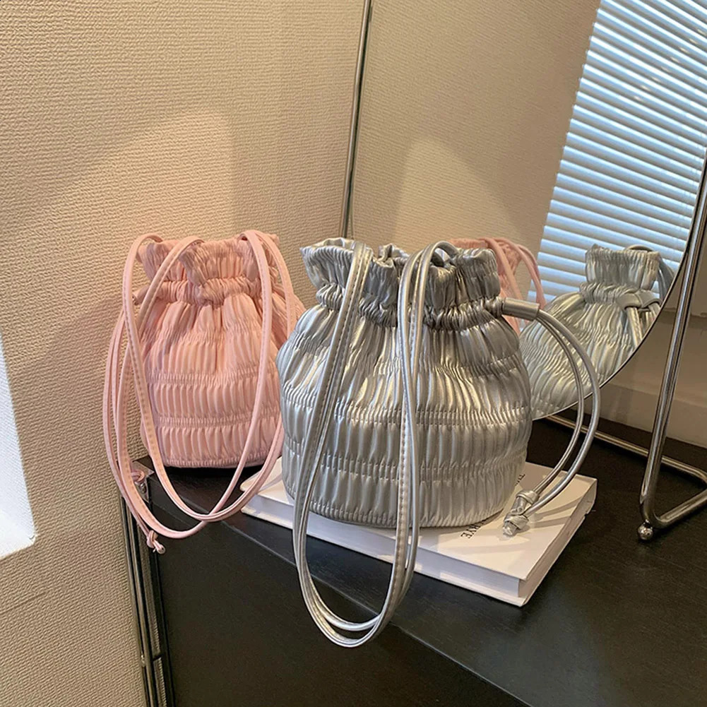 Women Messenger Bags PU Leather Bucket Drawstring Hobo Lightweight Pleated Trendy Sweet Crossbody Shopping Bag