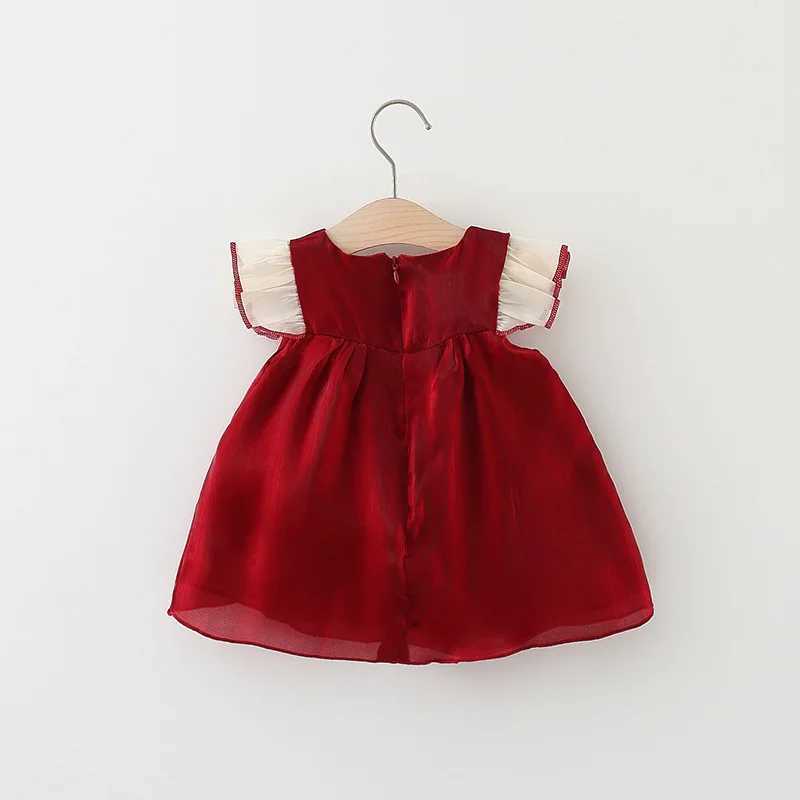 New Years Dress Girls Summer Dress Solid Red Flying Sleeves Bow Twilight Cloud Princess Dress Suitable for 0-3 Year Old Babies X250220