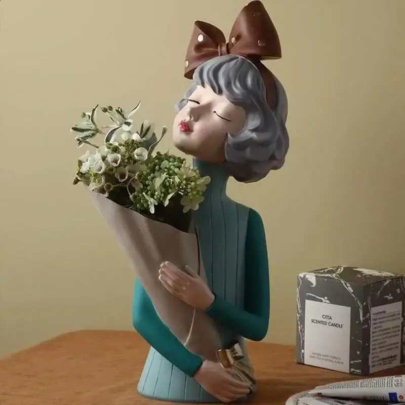 Modern Bouquet Girl resin statue flower vase romantic desktop art decoration exquisite Bouquet Girl vase home decoration gift 240731