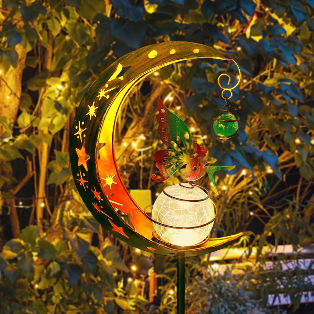 Moon Solar Light Waterproof Garden Decoration Lamp Iron Art Elf / Flower Fairy Lamp LED Glass Ball Garden Light for Outdoor Yard 240801