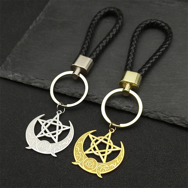 Triple Moon Goddess Witch Knot Stainless Steel Pendant Keychain for Women Men PU Leather Pentagram Star Bag Charm JewelryK26657 240731