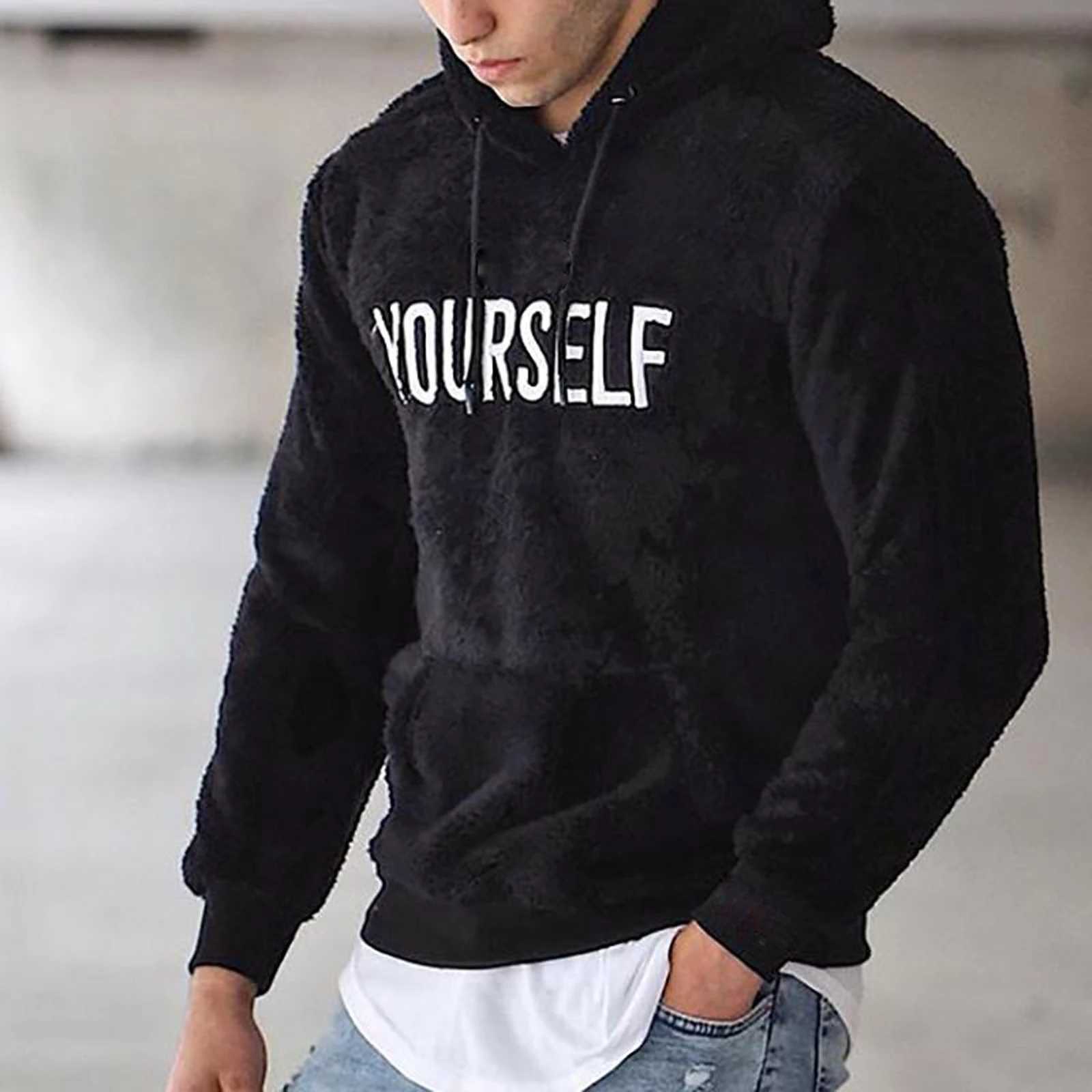 New Autumn and Winter Warm Mens Wool Hooded Sweatshirts Letter Print Hooded Pullover Kangaroo Pocket Hooded Fleece SweatshirtsM240730