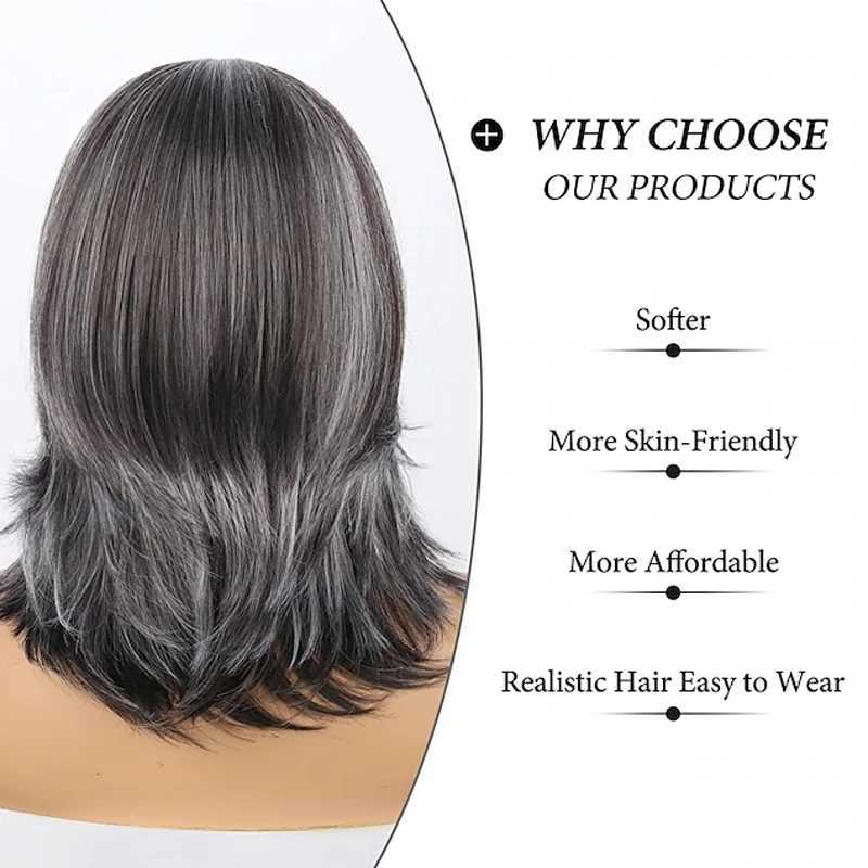 HAIRJOY Dark Grey Umbre Layered Wig with bangs suitable for black women with synthetic short hair grey high gloss straight layered Bob wig W240801