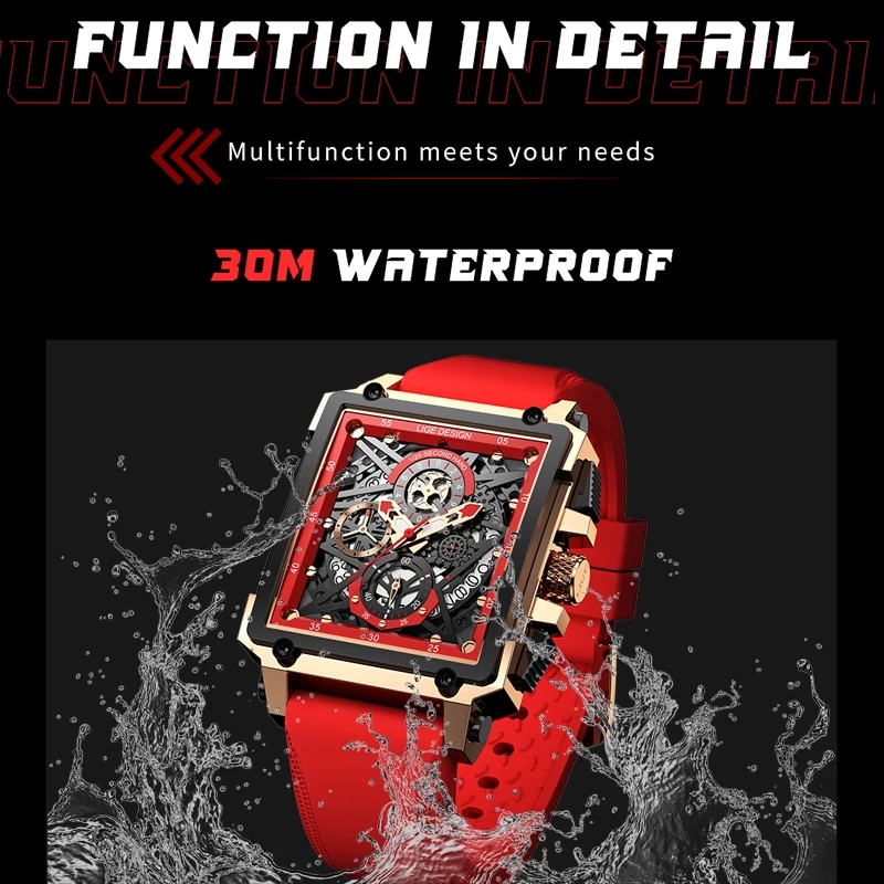 LIGE Men's quartz Watch high-grade rectangular watch zinc alloy case High quality silicone strap men's sports waterproof watch