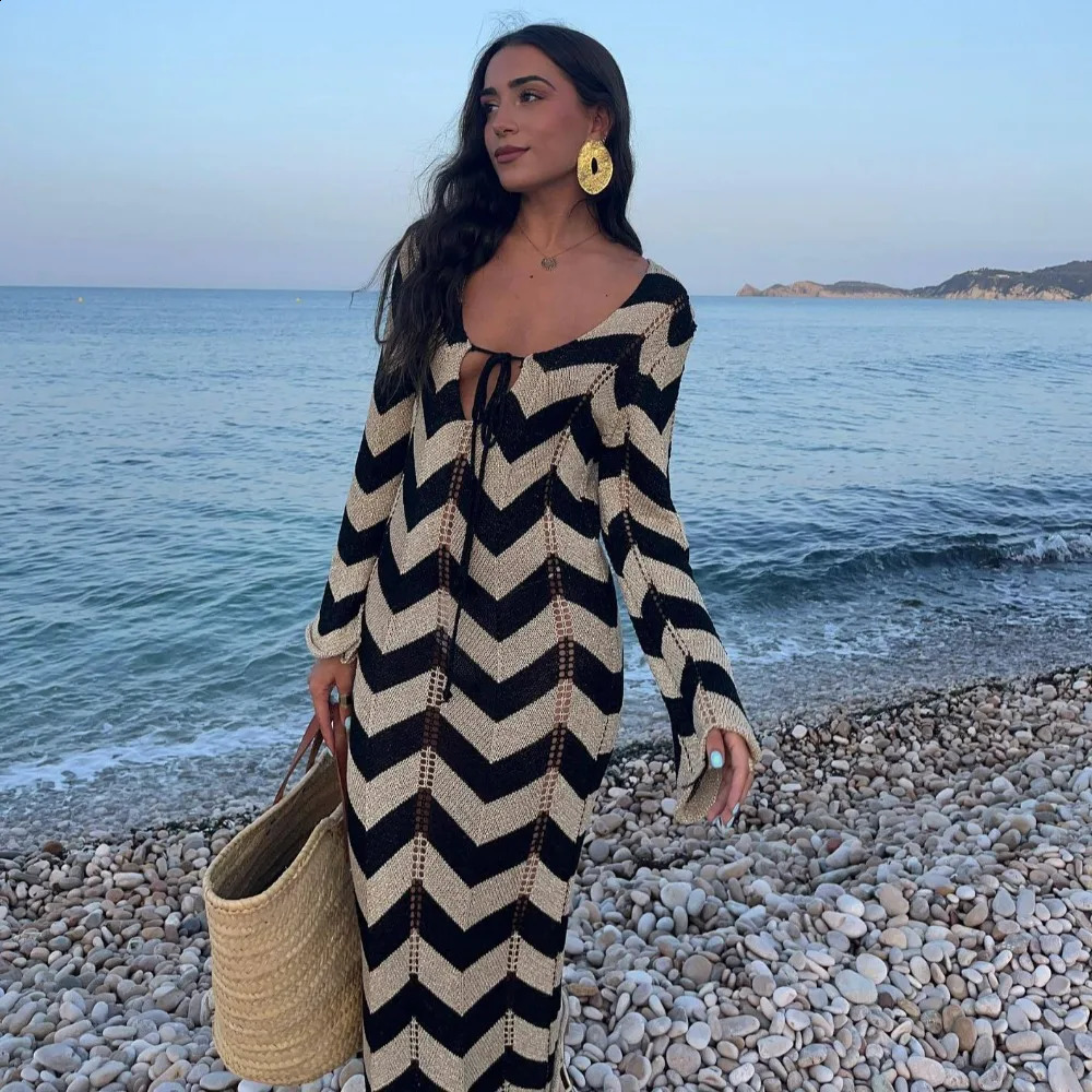Wave Striped Knitted Dress Women Elegant Full Sleeve Slim Beach Holiday Dresses Fall Fashion Lace Up Hollow Out Maxi Dress 2024 240731