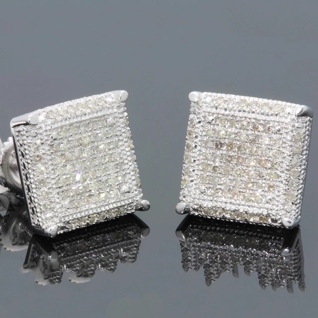 Trendy Gold / Silver Color Bling Out Iced AAA Three-dimensional Zirconia Micropave Square Hip Hop Stud Earrings for Men Woman