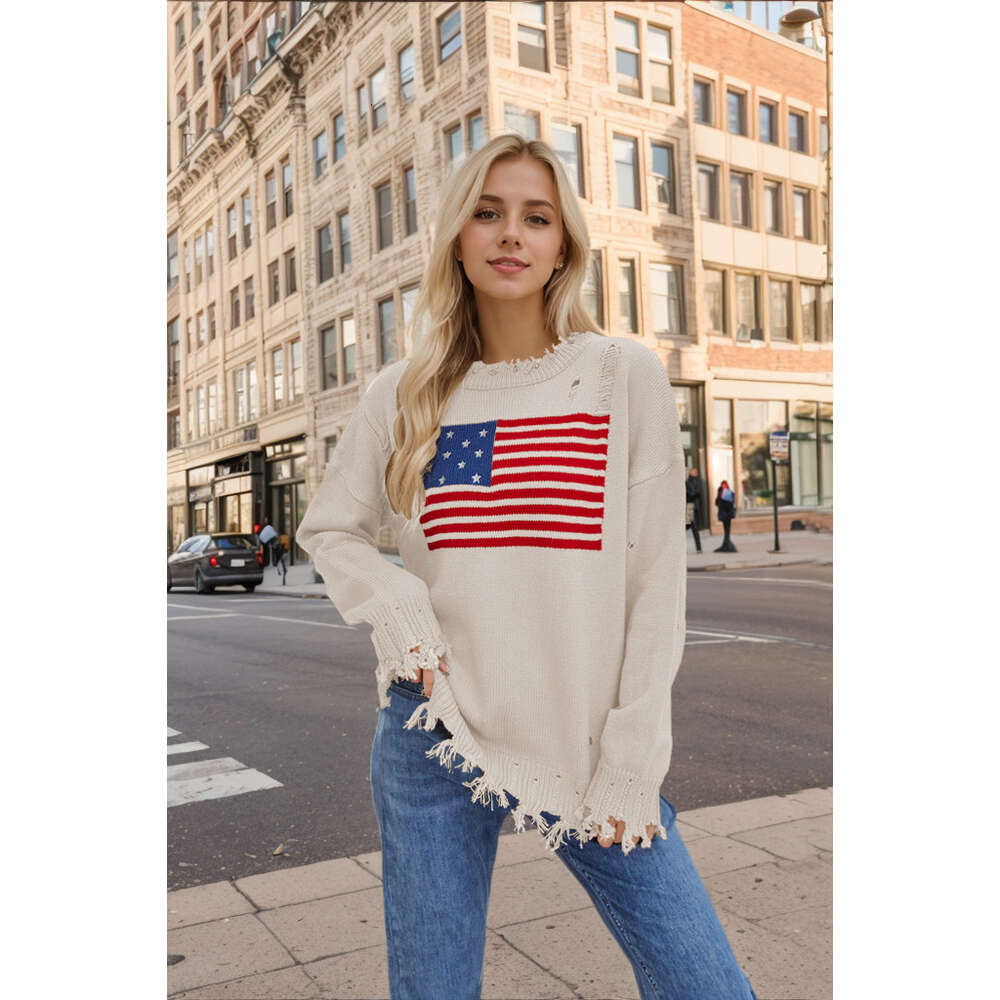 2024 Autumn/Winter New Temu Round Neck Flag Easter Independence Day Fashion Sweater for Women
