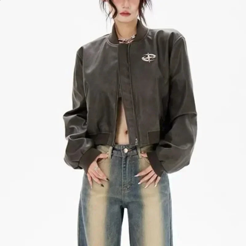 Vintage Cropped Leather Jacket Women Autumn Winter Moto Biker Zipper Loose Jackets Y2k Fashion Streetwear Casual Outwear 240723