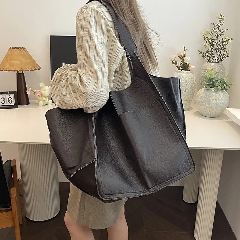 Oversized PU Leather Tote Bag Women Large Capacity Work Hobo Shoulder Bucket Purse And Handbag Big Soft Travel Shopping 240731