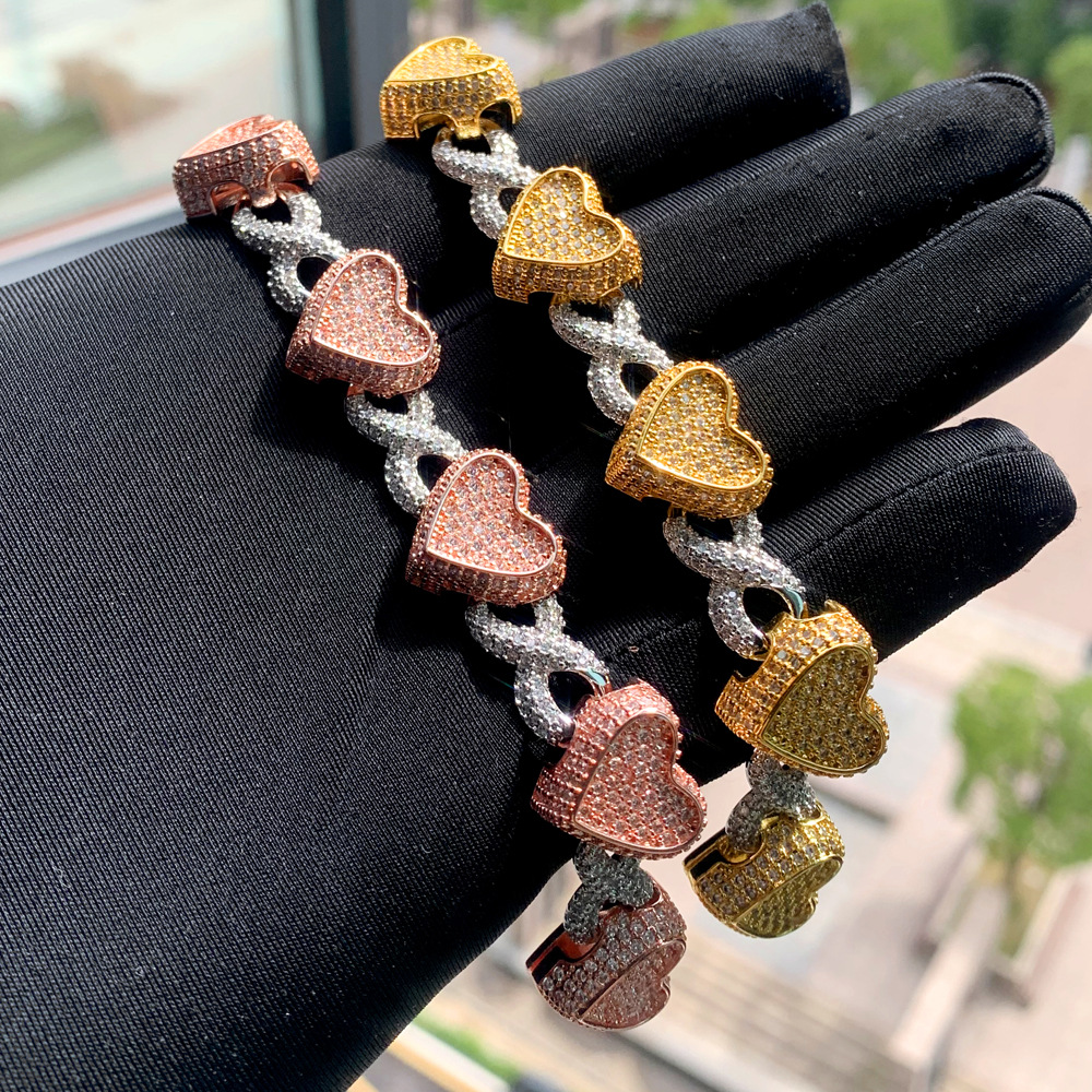 Hip Hop Heart Shape Cuban Chain Necklace Bracelets 5A Zircon Gold Plated Jewelry Bracelet Mens Women Jewelry Gift