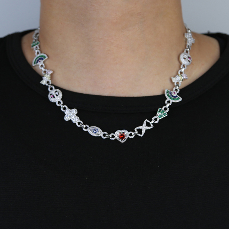 Hip Hop Colorful Charm Eye Cross Heart Cuban Chain Necklace 5A Zircon Rap Jewelry
