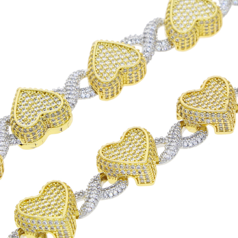 Hip Hop Heart Shape Cuban Chain Necklace Bracelets 5A Zircon Gold Plated Jewelry Bracelet Mens Women Jewelry Gift