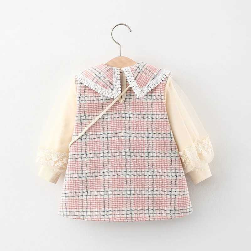 Baby girl dress autumn and winter plain long sleeved lapel girl dress cute casual girl with bag dress X250220