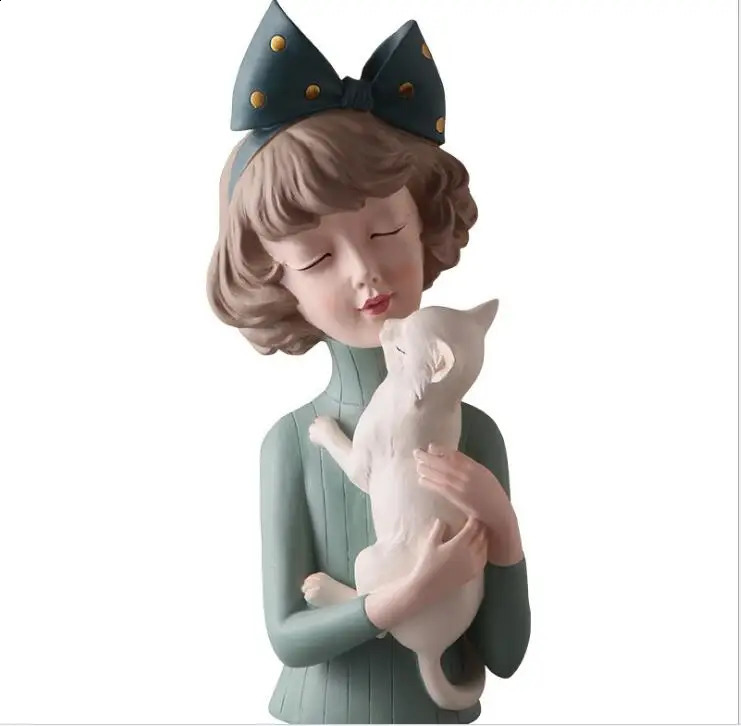 Simple and cute girl hugs dog and cat resin statue home accessories decoration craft coffee table sculpture birthday gift art 240731