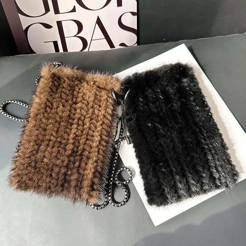 100% Real Mink Fur Bag Crossbody Bags For Women Autumn Winter Plush Purses And Handbags Female Phone Shoulder Bag Girls Wallet 240801