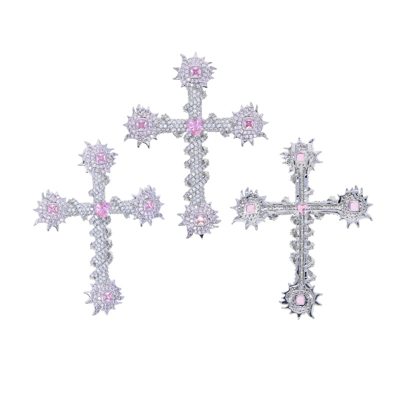 Hip Hop Pink Ziron Cross Pendant Necklace White Gold Plated Lover Couple Religious Jewelry Gift