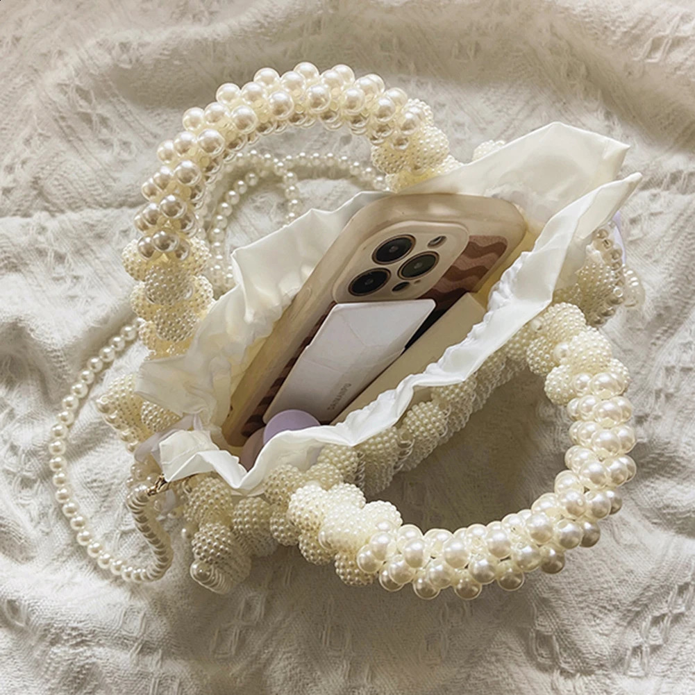 Korean Handmade Beaded Pearl Bag Woven Small Coin Phone Purses Shoulder Female Evening Clutch Crossbody Tote Bags 240731