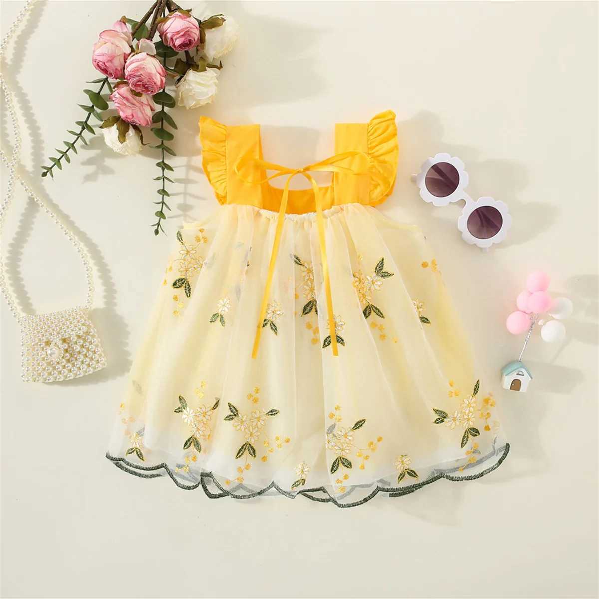 Summer Baby Girls Dress Flower Embroidery Mesh Splice Flying Sleeve Sweet Dress X250220