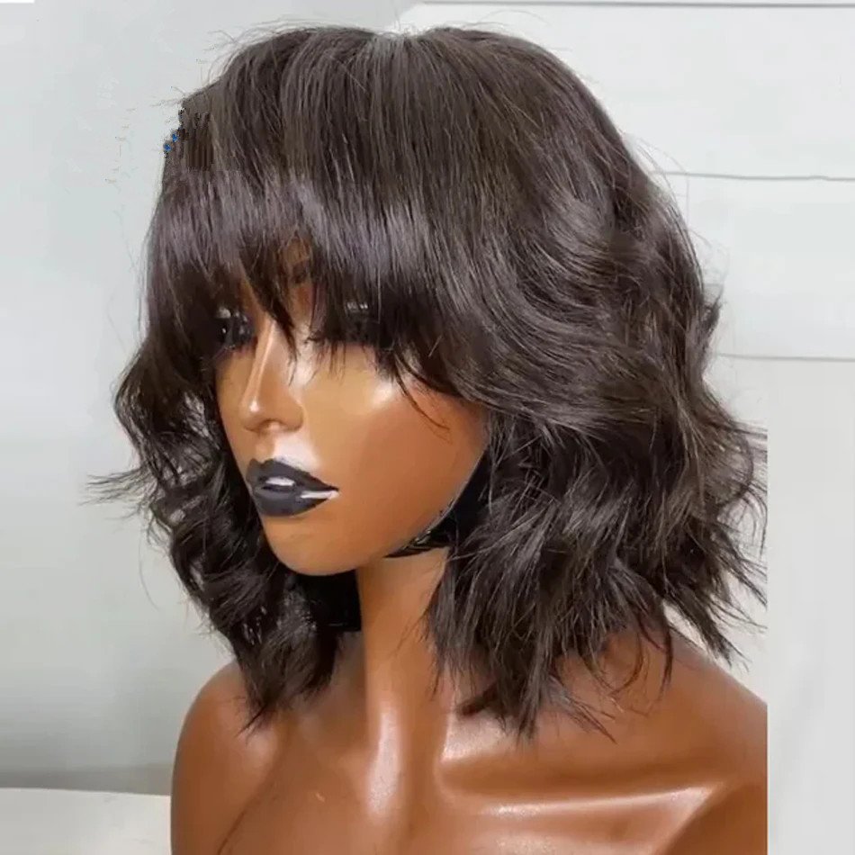 Layered Cut Short Wavy Hair Natural Black with Bang Scalp Top Wig Full Machine Made Human Hair Short Bob Wig Remy 180 density