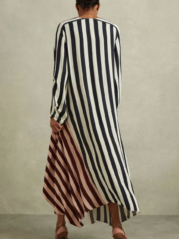 Women Long Sleeve Plunge V-neck Colourblock Stripe Asymmetric Midi Dress 240731